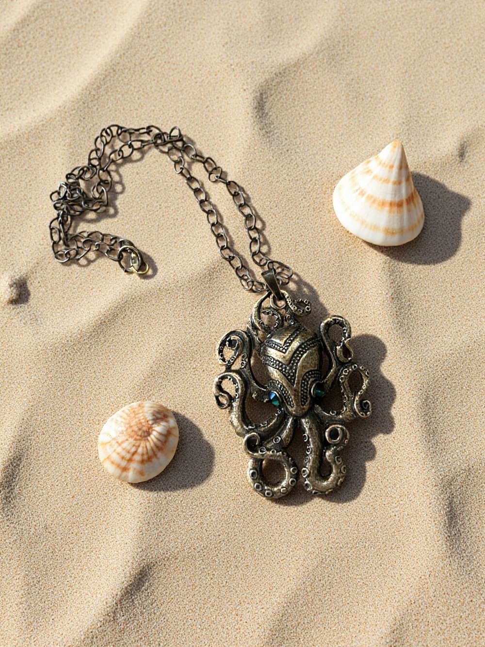 Bronze Octopus/Kraken Pendant Necklace with Green Accent Eyes - Picture 4 of 17